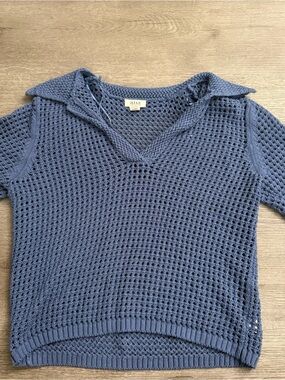 Ana Blue Open-Knit Collared Sweater